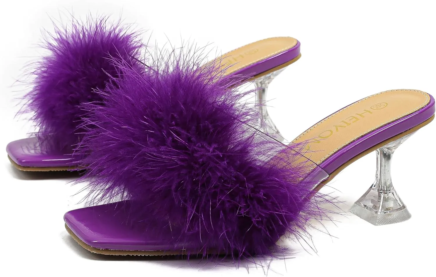 Heiyom Women's Square Toe Low Stilettos Heels Mules Sandals Fluffy Feather Slip on Clear Low Heels Wedding Bridal Party Dress Shoes