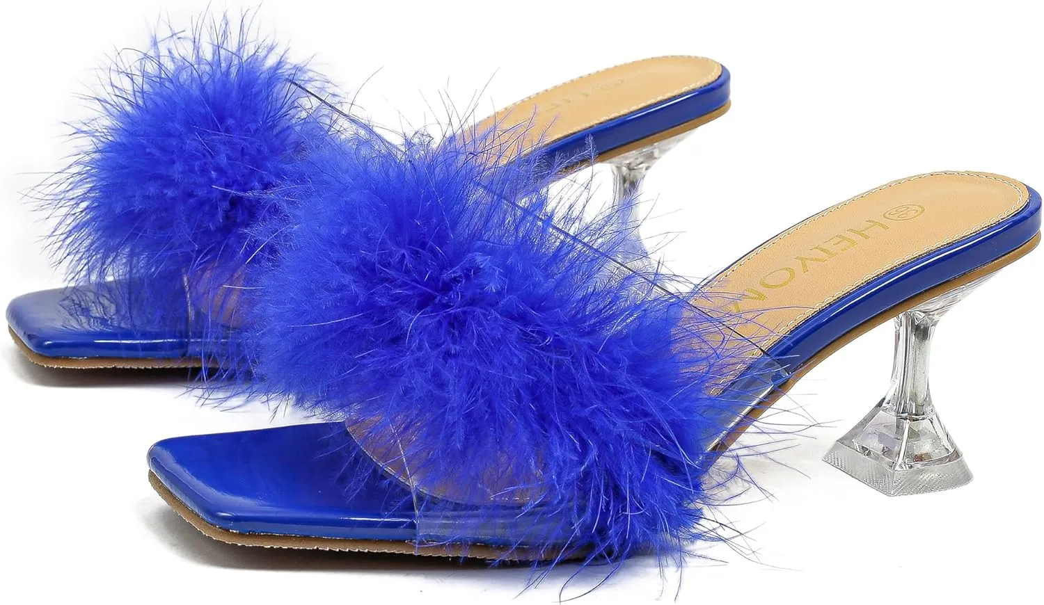 Heiyom Women's Square Toe Low Stilettos Heels Mules Sandals Fluffy Feather Slip on Clear Low Heels Wedding Bridal Party Dress Shoes