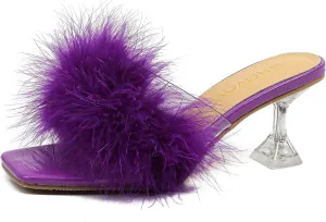 Heiyom Women's Square Toe Low Stilettos Heels Mules Sandals Fluffy Feather Slip on Clear Low Heels Wedding Bridal Party Dress Shoes