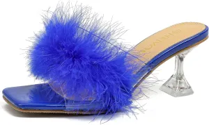 Heiyom Women's Square Toe Low Stilettos Heels Mules Sandals Fluffy Feather Slip on Clear Low Heels Wedding Bridal Party Dress Shoes