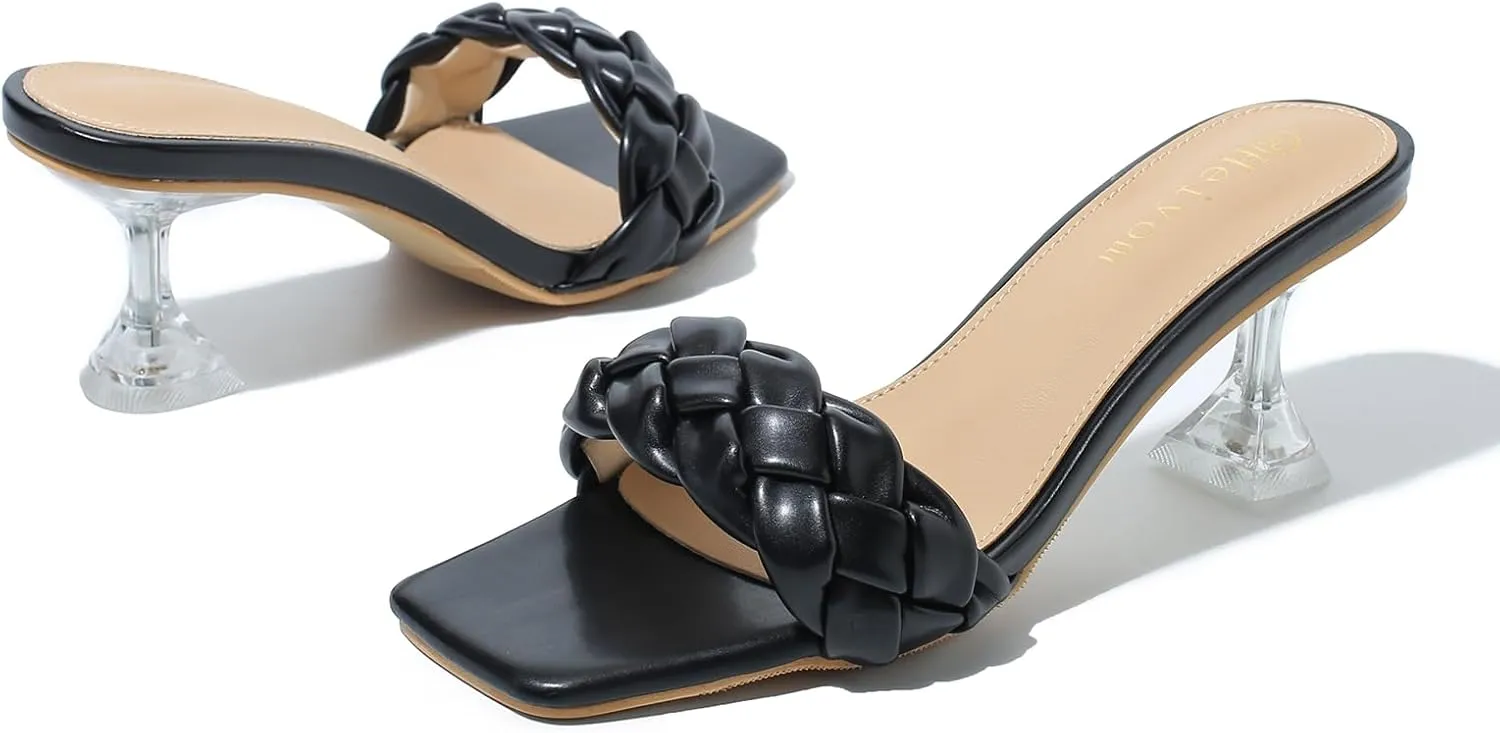 Heiyom Women's Square Toe Stilettos Heels Mules Sandals Sexy Braided Slip on Clear High Heels Party Prom Dress Shoes