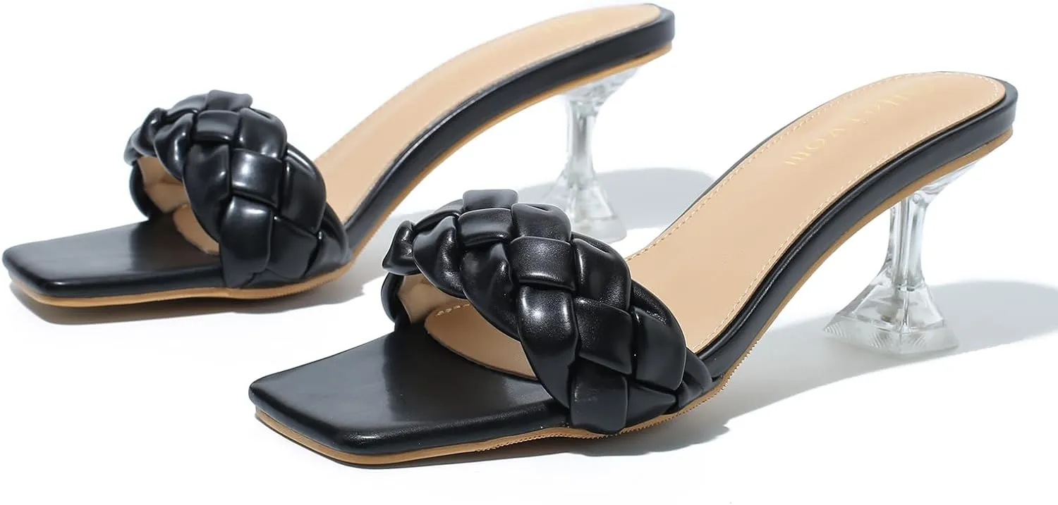 Heiyom Women's Square Toe Stilettos Heels Mules Sandals Sexy Braided Slip on Clear High Heels Party Prom Dress Shoes