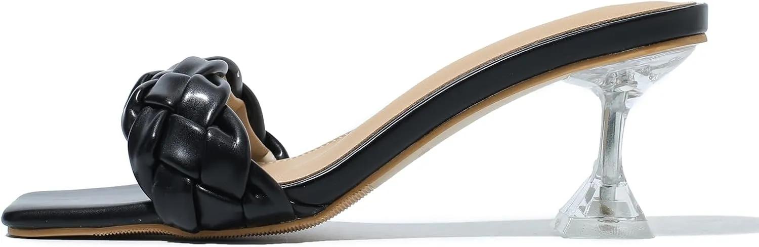 Heiyom Women's Square Toe Stilettos Heels Mules Sandals Sexy Braided Slip on Clear High Heels Party Prom Dress Shoes