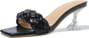 Heiyom Women's Square Toe Stilettos Heels Mules Sandals Sexy Braided Slip on Clear High Heels Party Prom Dress Shoes