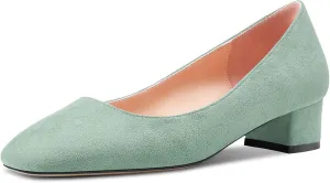 HEUIVZAR Womens Heel Pumps Square Toe Kitten Low Chunky Block Heel Slip On Suede Dress Shoes Bridal Vacation 1.5 Inch