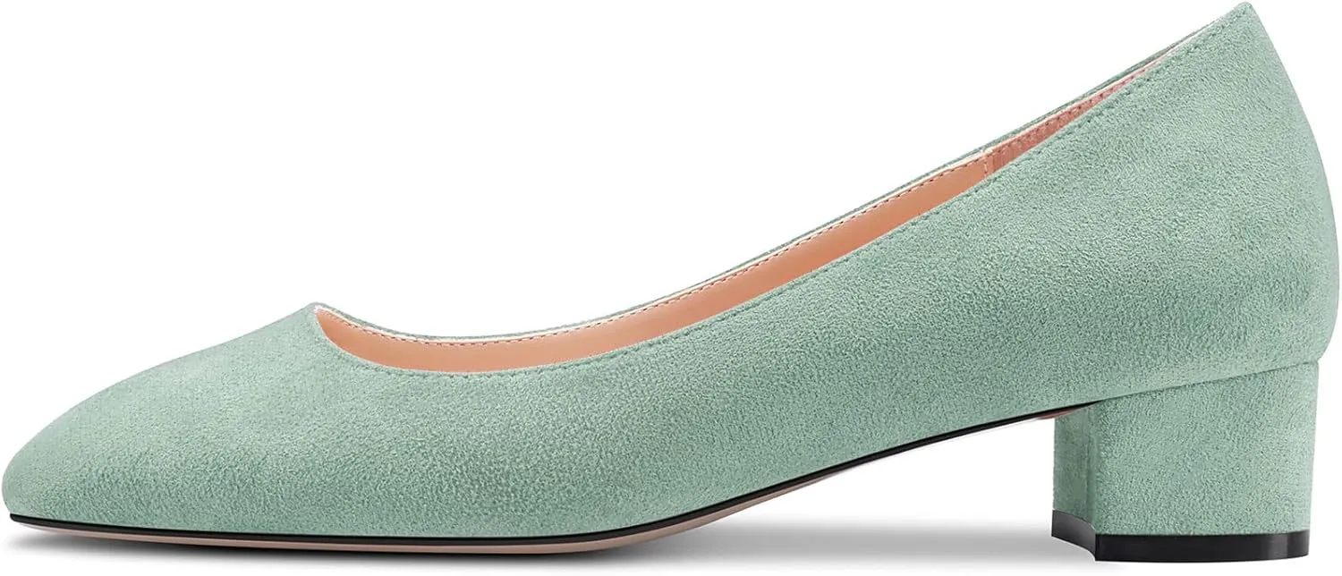 HEUIVZAR Womens Heel Pumps Square Toe Kitten Low Chunky Block Heel Slip On Suede Dress Shoes Bridal Vacation 1.5 Inch