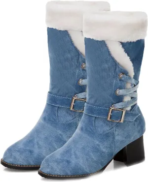 High Heeled Denim Short Boots, Chunky Heel Slip On Lace Up Snow Boots Fleece Lined Raw Edge Warm Windproof Straight Boots Fabric Buckle Mid Calf Boots