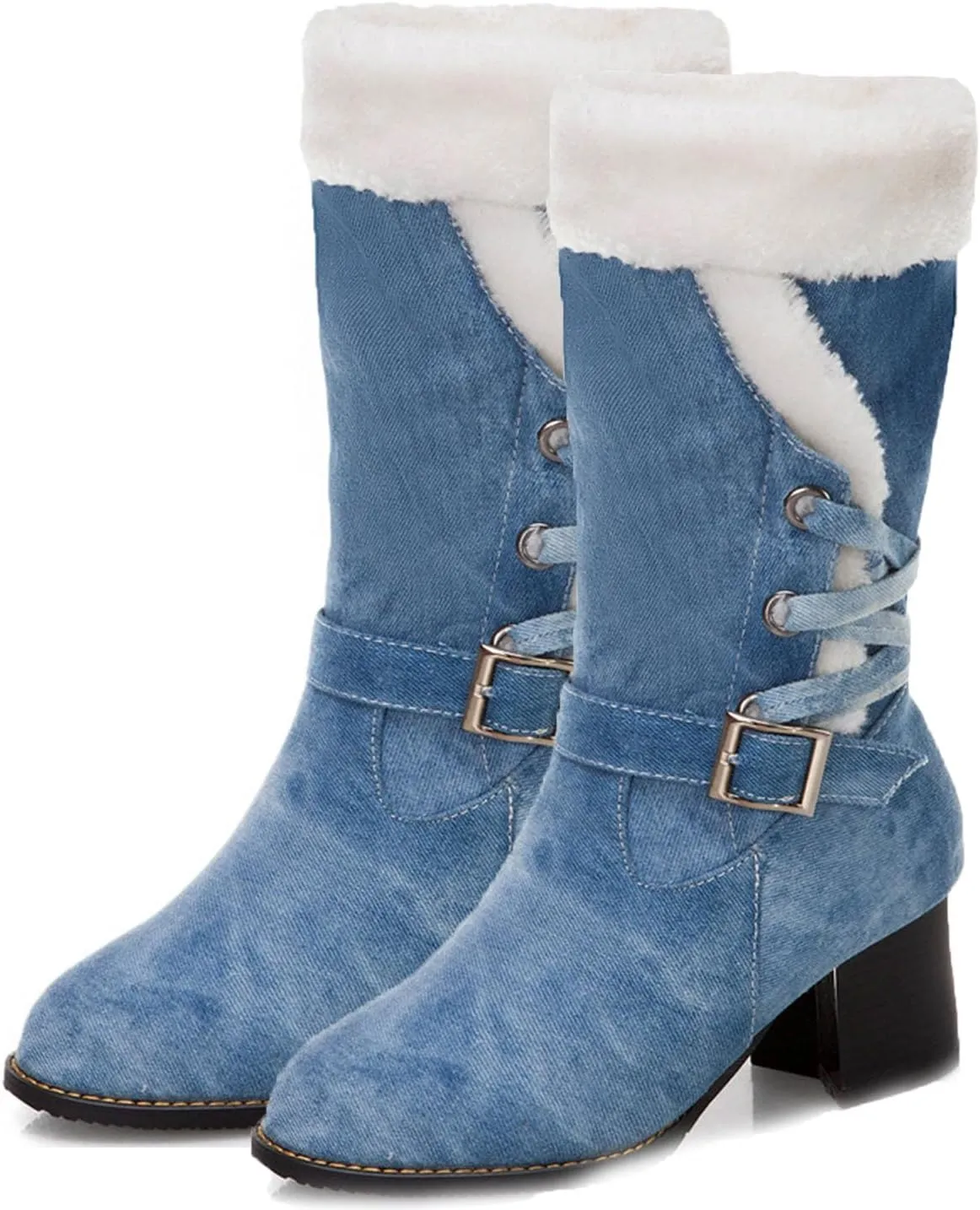 High Heeled Denim Short Boots, Chunky Heel Slip On Lace Up Snow Boots Fleece Lined Raw Edge Warm Windproof Straight Boots Fabric Buckle Mid Calf Boots