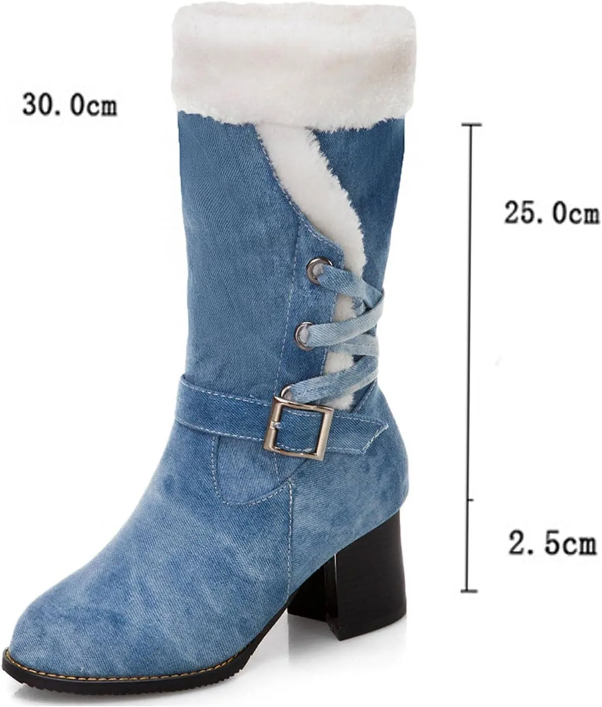 High Heeled Denim Short Boots, Chunky Heel Slip On Lace Up Snow Boots Fleece Lined Raw Edge Warm Windproof Straight Boots Fabric Buckle Mid Calf Boots