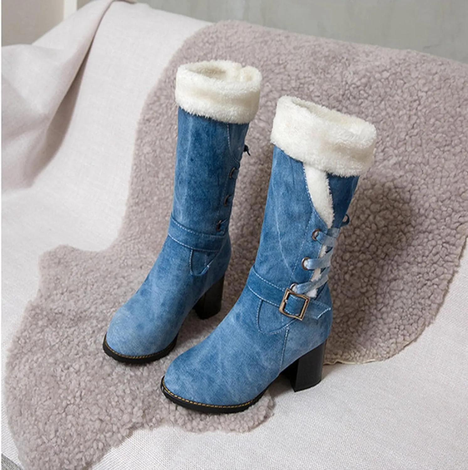 High Heeled Denim Short Boots, Chunky Heel Slip On Lace Up Snow Boots Fleece Lined Raw Edge Warm Windproof Straight Boots Fabric Buckle Mid Calf Boots