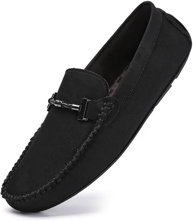 HOOENG Men's Loafers Shoes Round Toe Suede Moccasins Driving Loafers Stitching Details Slip Resistant Comfortable Flat Heel Classic Prom Slip-on (Color : Black, Size : 10)