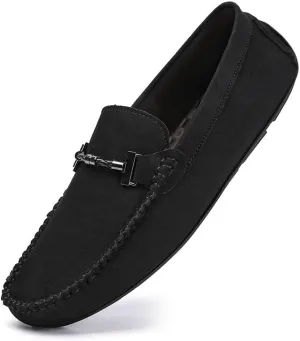 HOOENG Men's Loafers Shoes Round Toe Suede Moccasins Driving Loafers Stitching Details Slip Resistant Comfortable Flat Heel Classic Prom Slip-on (Color : Black, Size : 10)