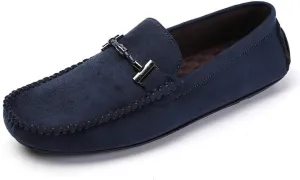 HOOENG Men's Loafers Shoes Round Toe Suede Moccasins Driving Loafers Stitching Details Slip Resistant Comfortable Flat Heel Classic Prom Slip-on (Color : Blue, Size : 10)