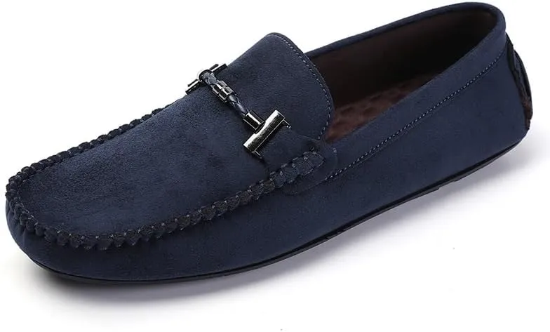 HOOENG Men's Loafers Shoes Round Toe Suede Moccasins Driving Loafers Stitching Details Slip Resistant Comfortable Flat Heel Classic Prom Slip-on (Color : Blue, Size : 10)