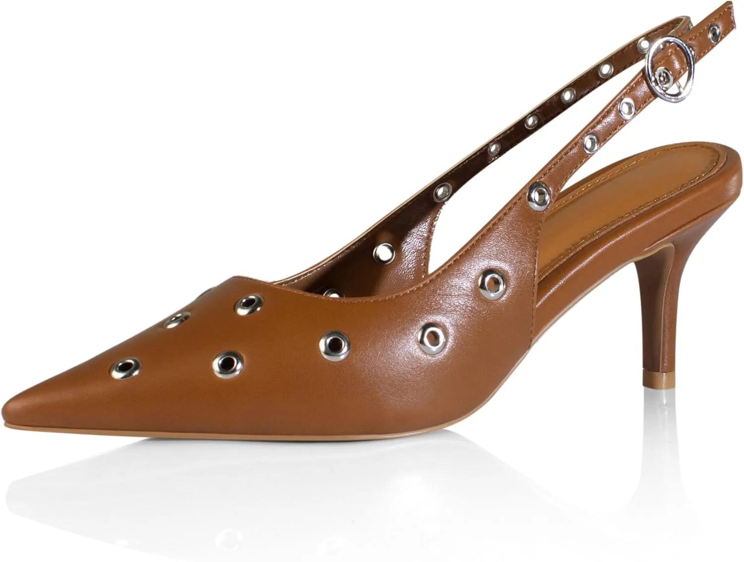 iadore Women Fashion Kitten Low Heel Pumps Sexy Pointed Toe Slingback Shoes Chic Eyelets Strappy Buckle Matte Heels Size 5-12 US