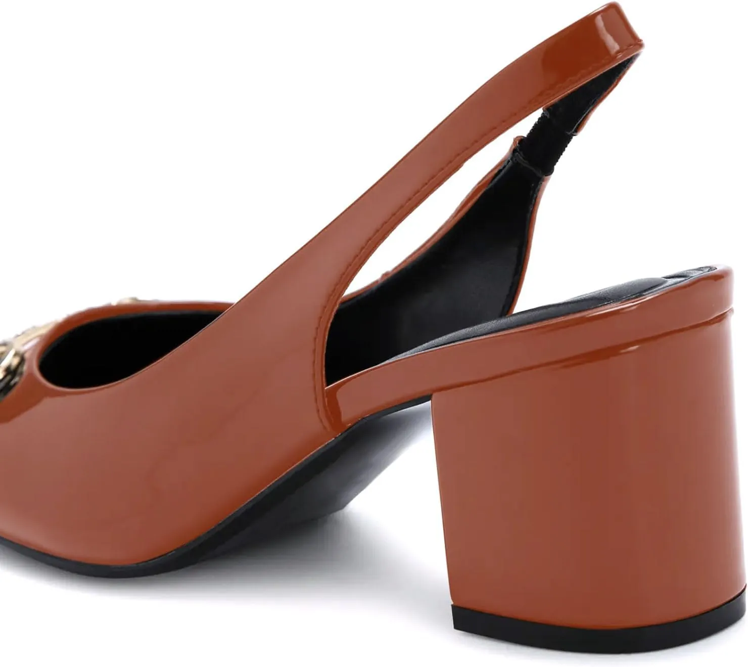 iadore Women Fashion Patent Leather Low Block Heel Pumps Chic Slingbacks with Gold Studded Round Toes Shoes Size 5-12 US