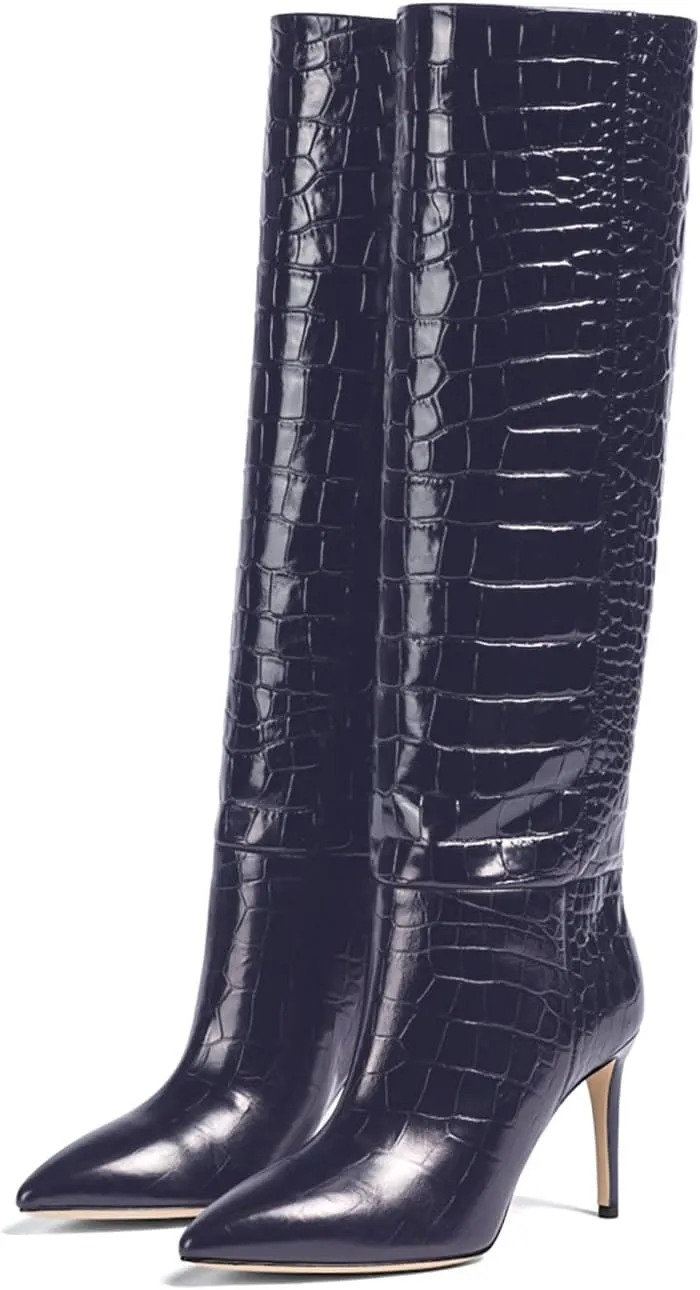 iadore Women Fashion Stiletto High Heel Boots Crocodile Pattern Sexy Pointed Toe Zipper Chic Knee High Boots