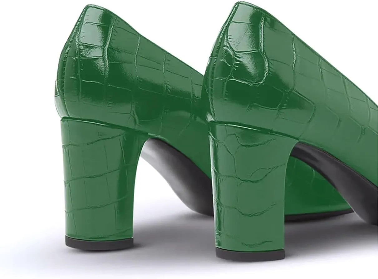 iadore Women Retro Chunky High Heel Shoes Fashion Round Toe Crocodile Pattern Slip on Comfortable Dress Pumps Size 5-12 US