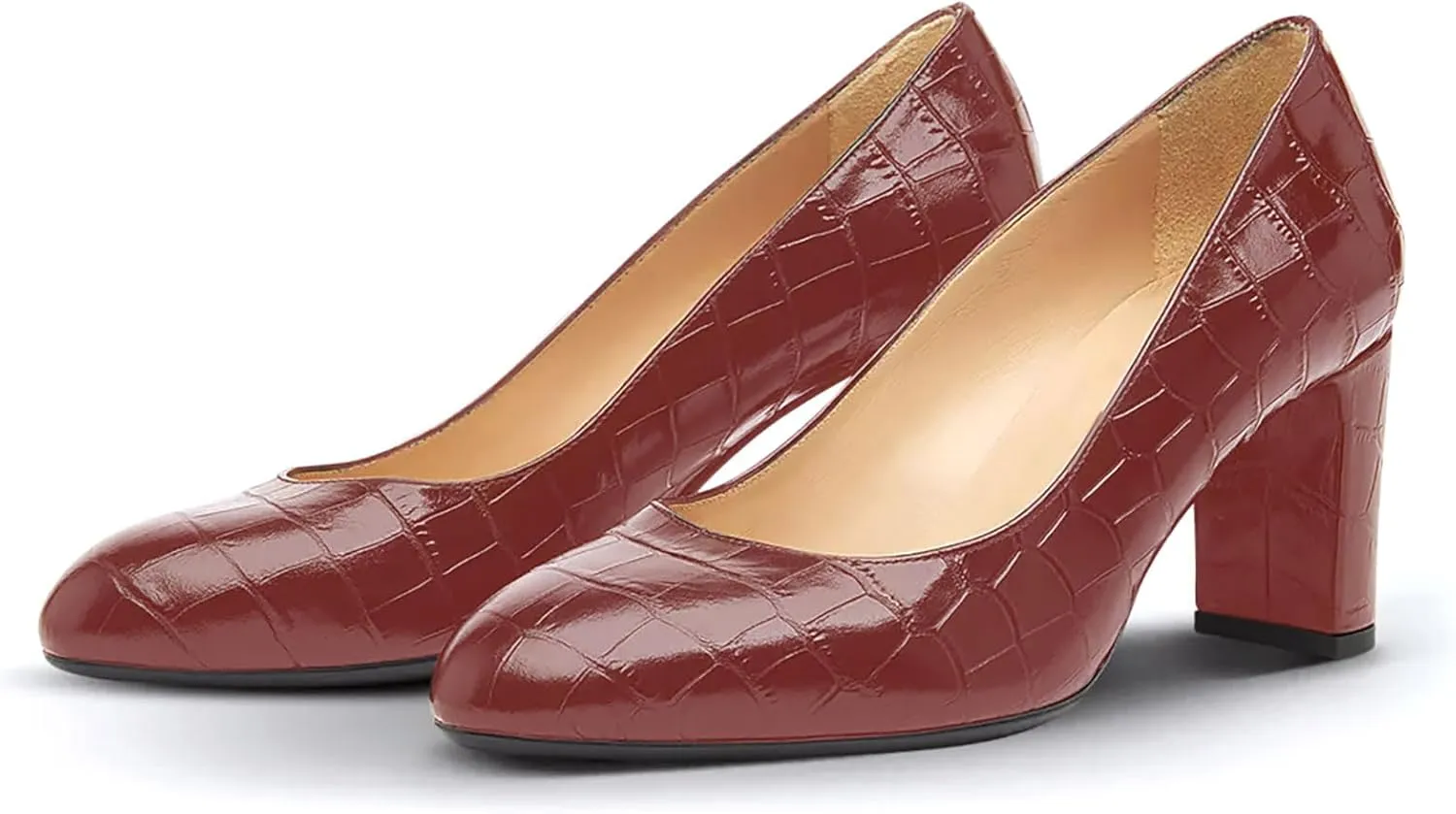 iadore Women Retro Chunky High Heel Shoes Fashion Round Toe Crocodile Pattern Slip on Comfortable Dress Pumps Size 5-12 US