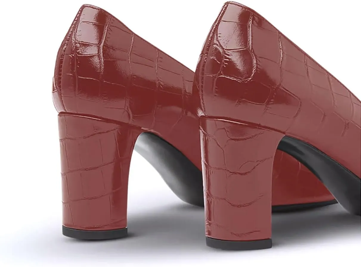 iadore Women Retro Chunky High Heel Shoes Fashion Round Toe Crocodile Pattern Slip on Comfortable Dress Pumps Size 5-12 US