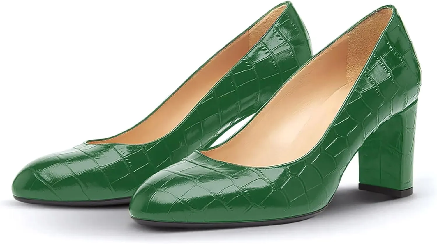 iadore Women Retro Chunky High Heel Shoes Fashion Round Toe Crocodile Pattern Slip on Comfortable Dress Pumps Size 5-12 US