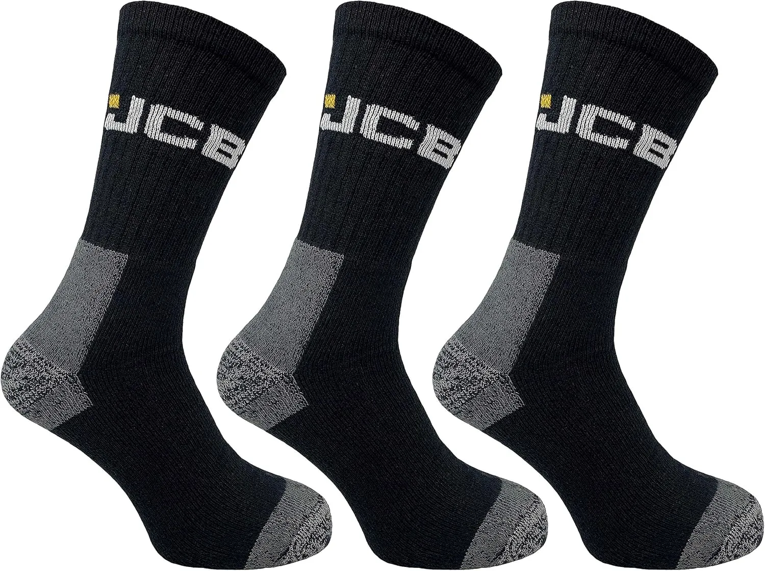 JCB - Men's Black Workwear Apparel Socks | 3 Pairs | US Size 7-12 | Boot Socks, Reinforced Socks, Terry Cushioning, Men's Black Work Boot Socks