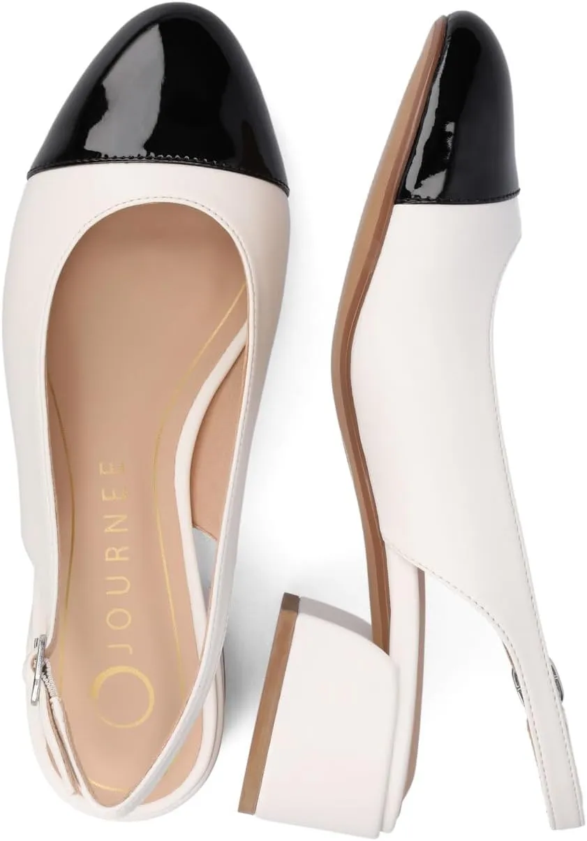 Journee Collection Womens Sammie Sling Back Dress Pumps Round Cap Toe Cushioned Block Heel Two Tone Spring Summer Shoes