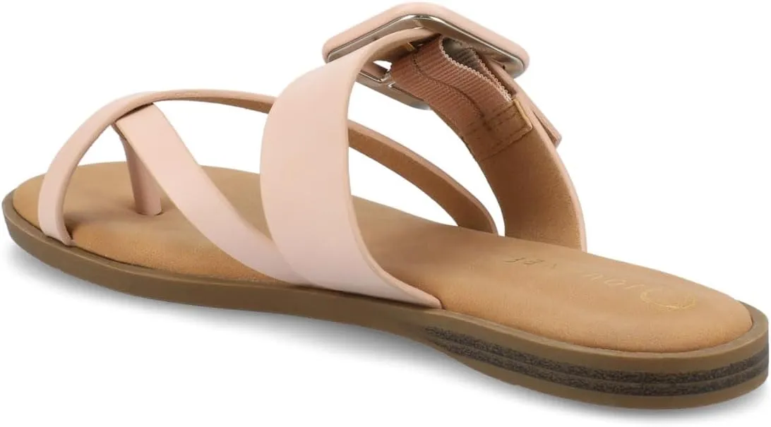 Journee Womens cushioned footbed Layra Slide on Sandal Faux Leather Oversized Buckle Multi Straps Flat sole
