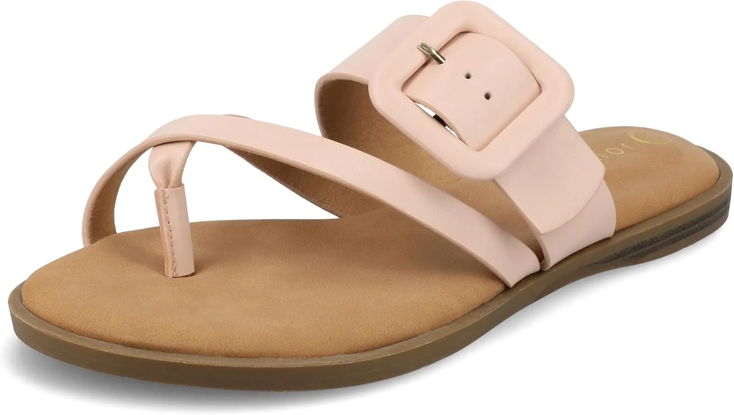 Journee Womens cushioned footbed Layra Slide on Sandal Faux Leather Oversized Buckle Multi Straps Flat sole
