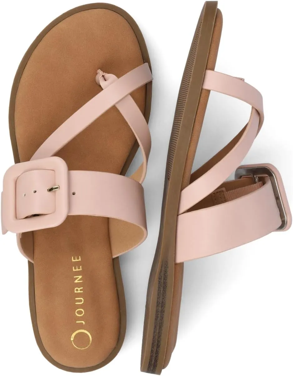 Journee Womens cushioned footbed Layra Slide on Sandal Faux Leather Oversized Buckle Multi Straps Flat sole