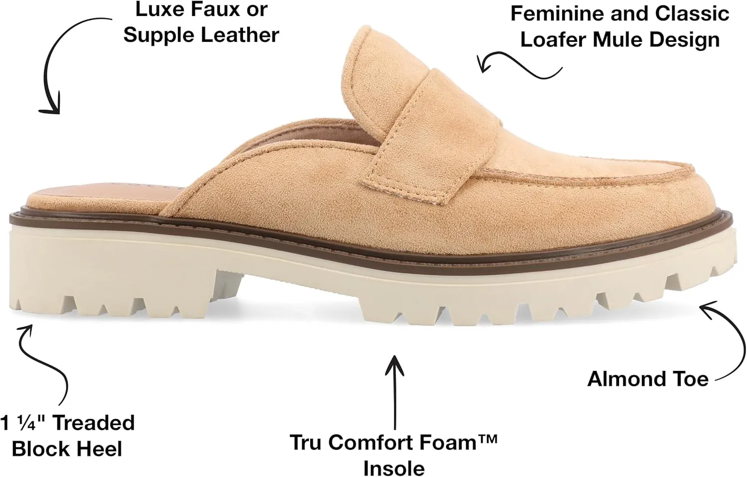 Journee Womens Slip On Loafer Mule Shoes Treaded Outsole Almond Toe Miycah Tru Comfort Foam Block Heel Flats