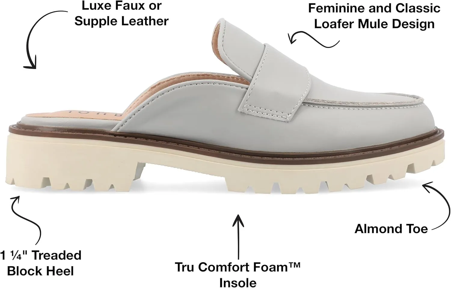 Journee Womens Slip On Loafer Mule Shoes Treaded Outsole Almond Toe Miycah Tru Comfort Foam Block Heel Flats