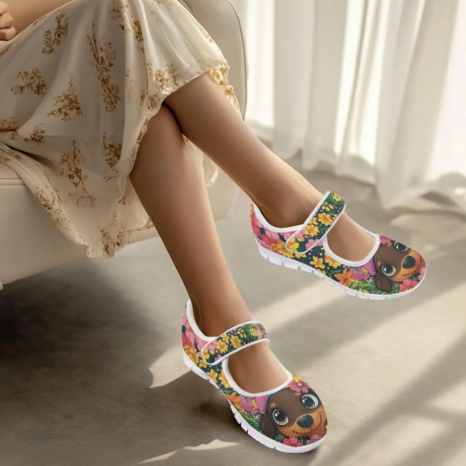 JoyLamoria Womens Slip on Walking Shoes Non Slip Barefoor Shoes Non Slip Fashion Mary Jane Shoes, Sunflower Bee Print