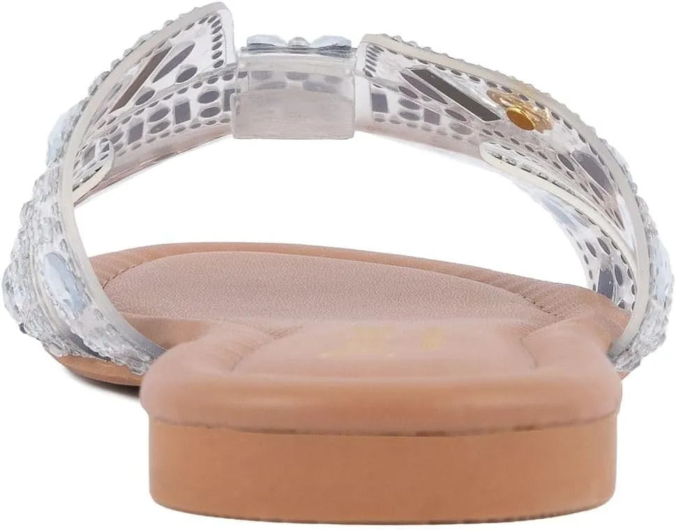 Juicy Couture Women's Slide Sandal – Flat, Dressy, Comfortable, Vegan Leather, Pearl Embellished Slides for Casual & Summer Wear