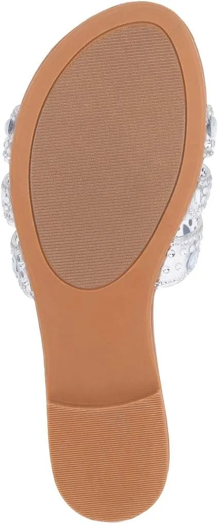 Juicy Couture Women's Slide Sandal – Flat, Dressy, Comfortable, Vegan Leather, Pearl Embellished Slides for Casual & Summer Wear