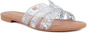 Juicy Couture Women's Slide Sandal – Flat, Dressy, Comfortable, Vegan Leather, Pearl Embellished Slides for Casual & Summer Wear