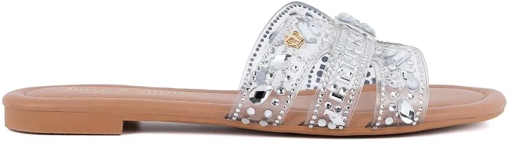 Juicy Couture Women's Slide Sandal – Flat, Dressy, Comfortable, Vegan Leather, Pearl Embellished Slides for Casual & Summer Wear