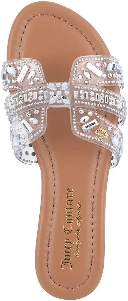 Juicy Couture Women's Slide Sandal – Flat, Dressy, Comfortable, Vegan Leather, Pearl Embellished Slides for Casual & Summer Wear