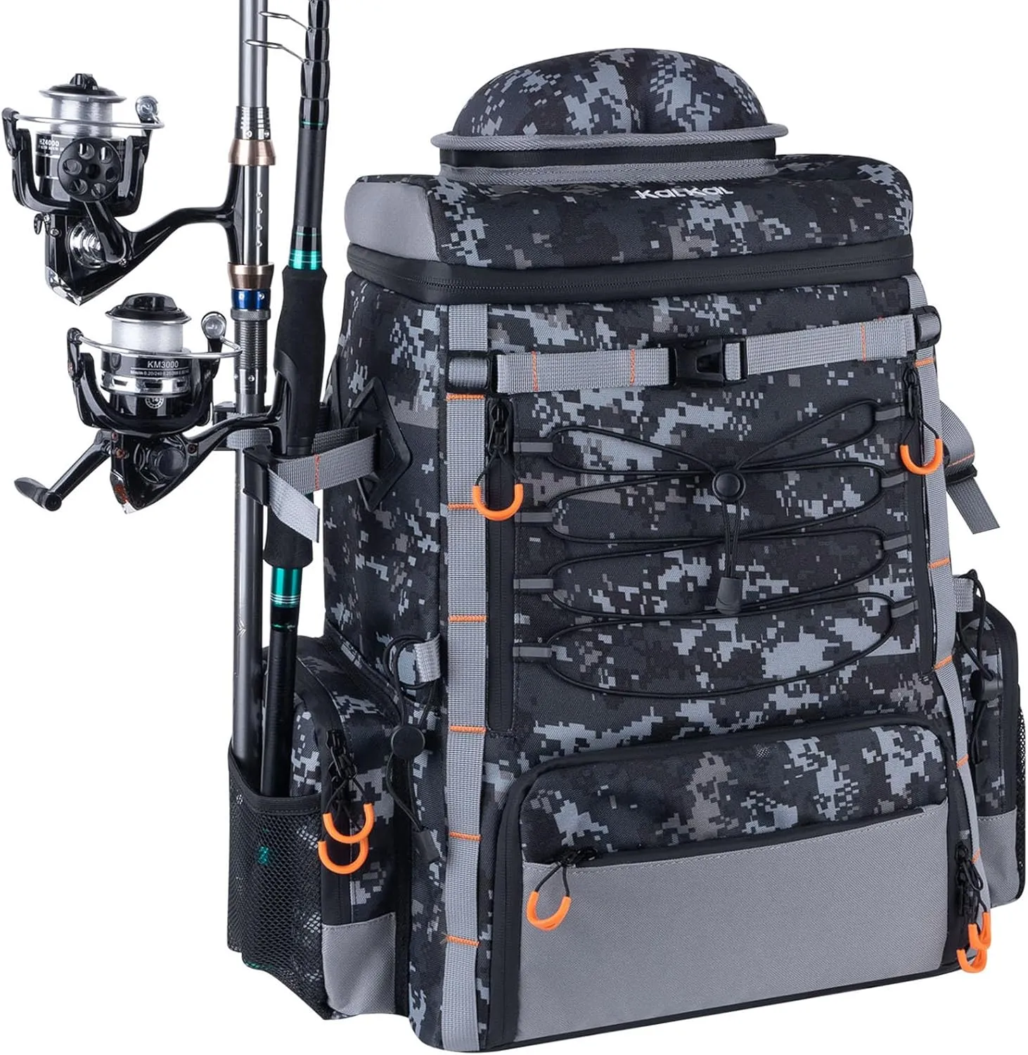 Kalkal Fishing Tackle Backpack, 44L Water-Resistant Fishing Backpack with 4 Rod Holder, Camo Fishing Tackle Bag Storage Fishing Gear, Fishing Gifts for Men Father