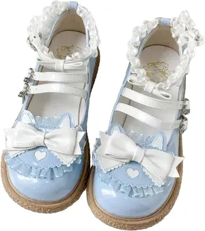 Kawaii Lolita Mary Jane Heel Rockabilly PU Pumps with Bow Lace Preppy Cute Platform Shoes for Kawaii Chic Teen, Women