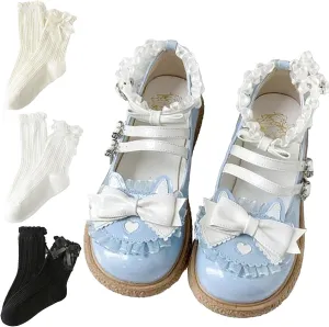 Kawaii Lolita Mary Jane Heel Rockabilly PU Pumps with Bow Lace Preppy Cute Platform Shoes for Kawaii Chic Teen, Women