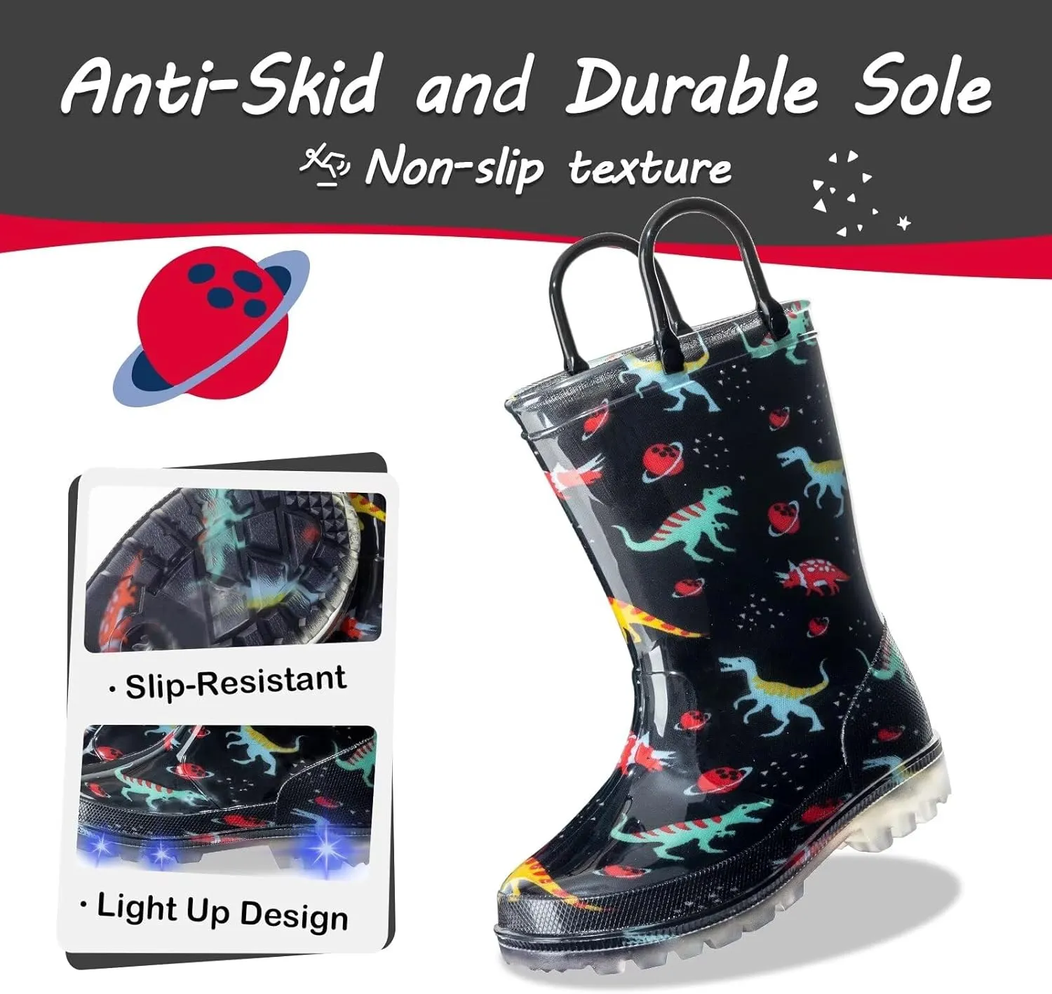 Kids Toddler Rain Boots for Girls Boys Light Up Waterproof Rain Shoes Patterns and Glitter Boot with Easy On Handles