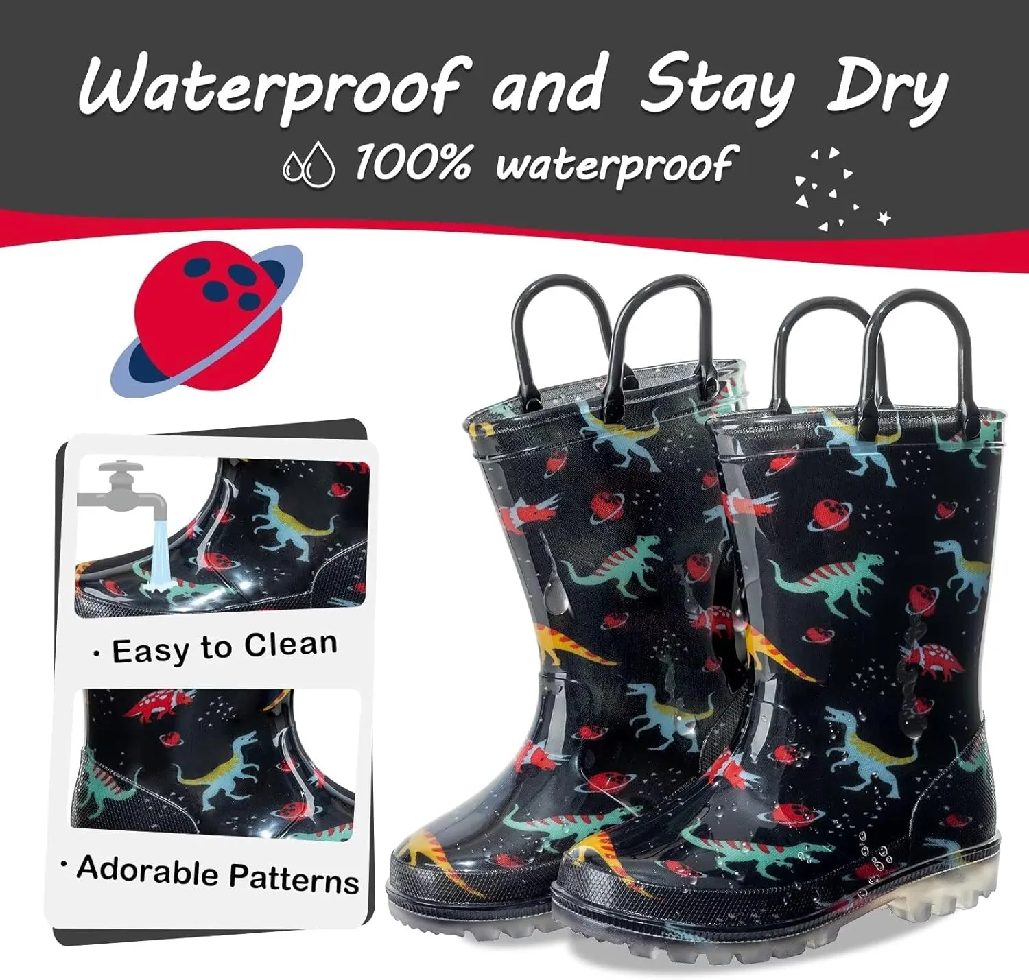Kids Toddler Rain Boots for Girls Boys Light Up Waterproof Rain Shoes Patterns and Glitter Boot with Easy On Handles