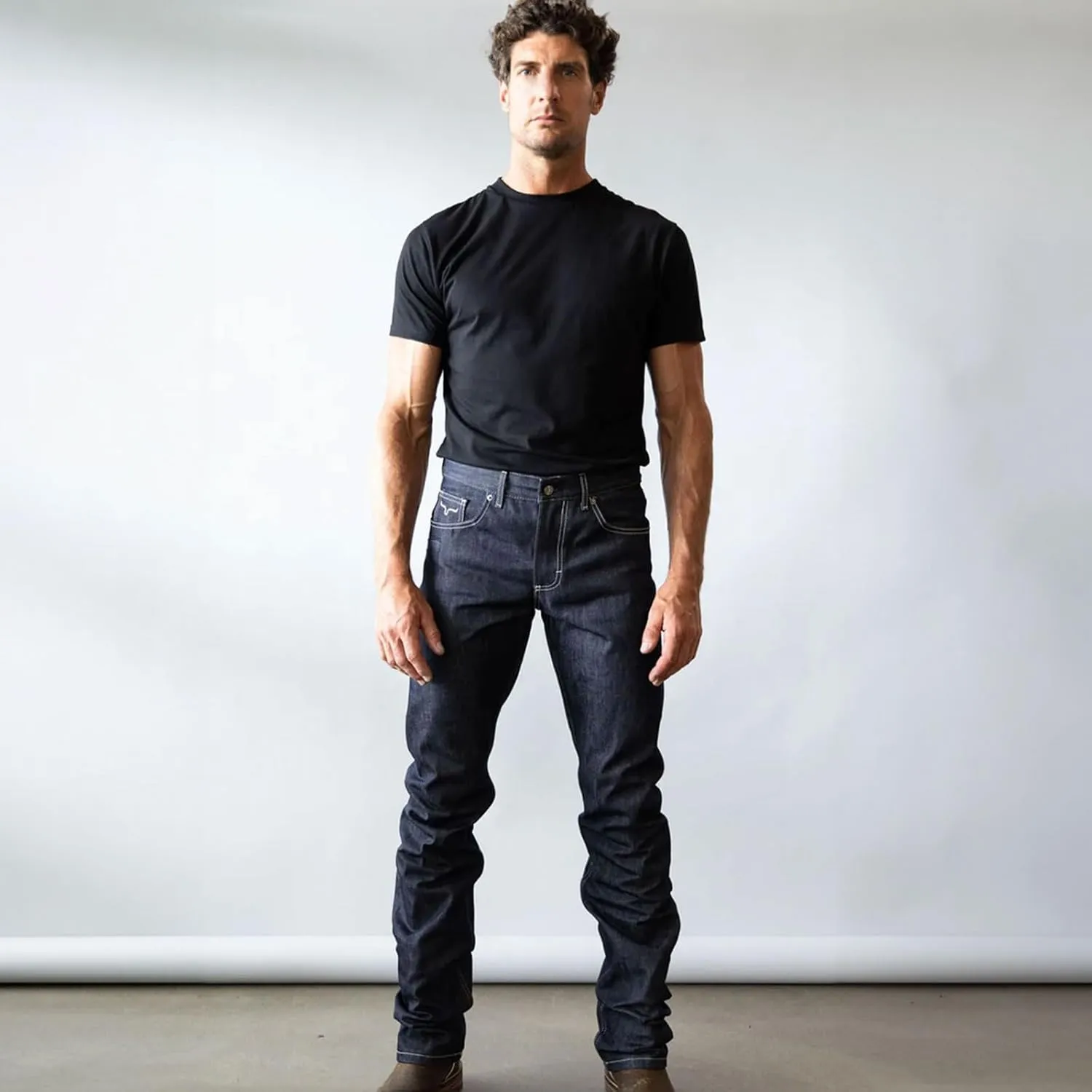 Kimes Ranch Men's Raw James Casual Western Cowboy Mid-Low Rise Straight Fit & Straight Boot Leg Blue Denim Jeans