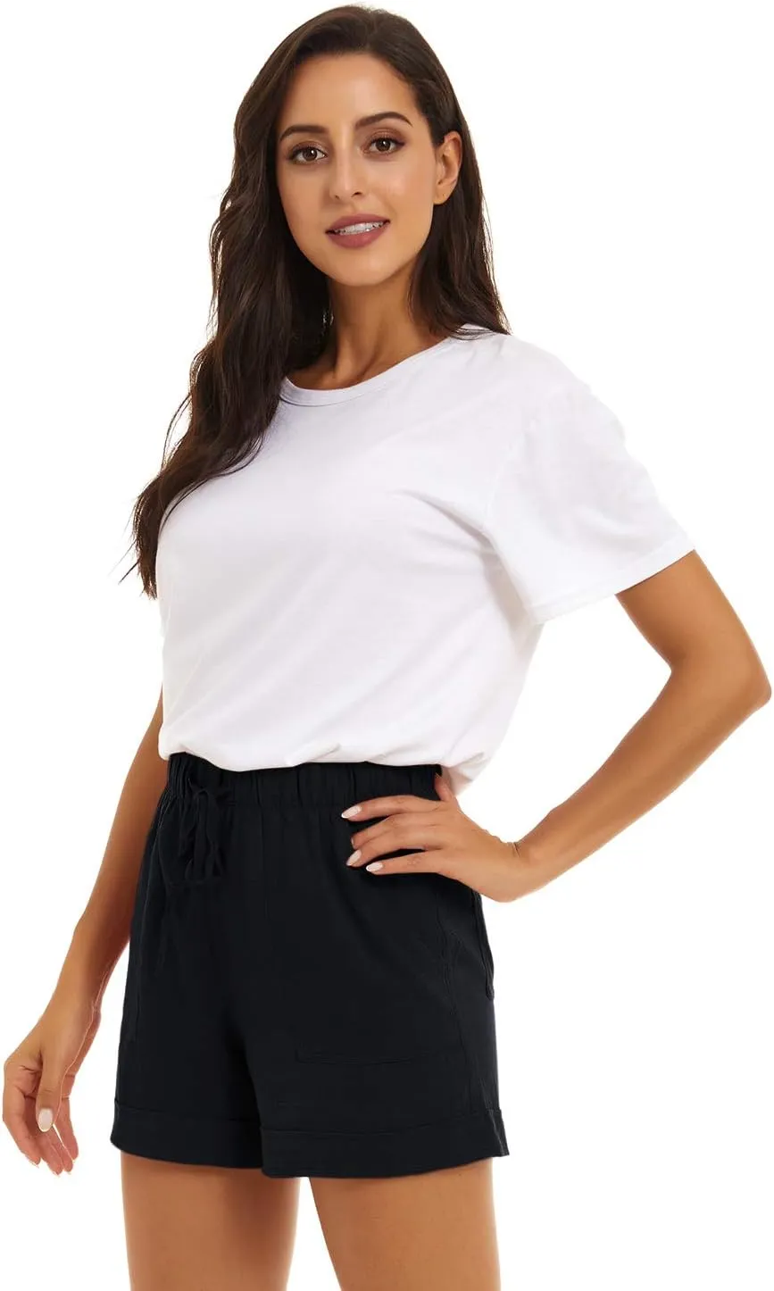KINGFEN Women Casual Shorts Drawstring Comfy Elastic Waist Shorts Summer Pull On Short with Pockets(S-2XL)