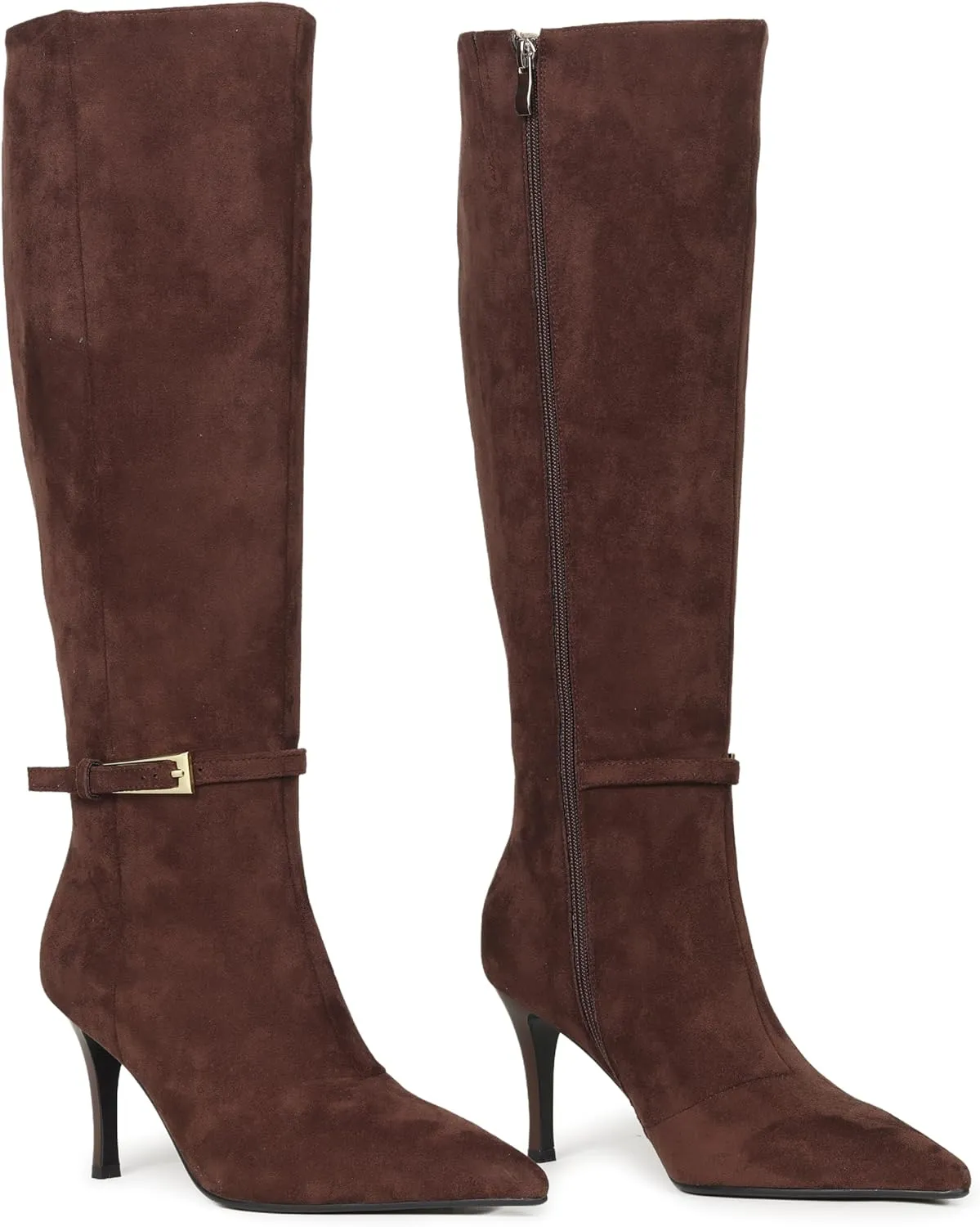 Knee High Boots Women Stiletto High Heel 3.3in, Side Zipper Pointed Toe Metal Buckle Tall Boots Dress Boots for Women, Comfortable Faux Leather Below the Knee Long Boots