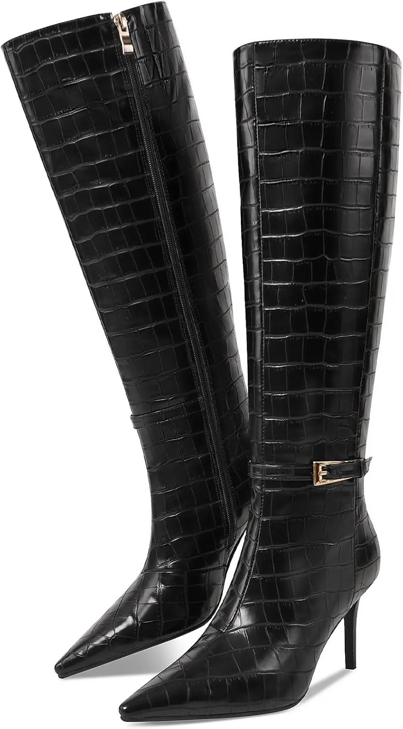 Knee High Boots Women Stiletto High Heel 3.3in, Side Zipper Pointed Toe Metal Buckle Tall Boots Dress Boots for Women, Comfortable Faux Leather Below the Knee Long Boots