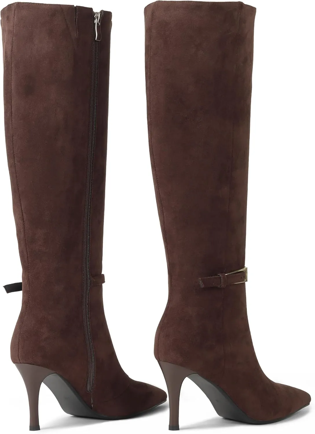 Knee High Boots Women Stiletto High Heel 3.3in, Side Zipper Pointed Toe Metal Buckle Tall Boots Dress Boots for Women, Comfortable Faux Leather Below the Knee Long Boots