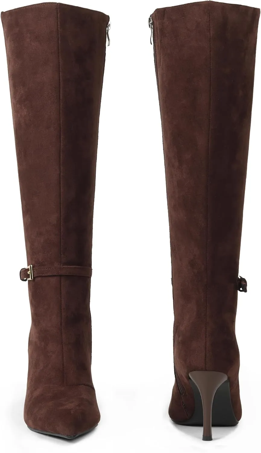 Knee High Boots Women Stiletto High Heel 3.3in, Side Zipper Pointed Toe Metal Buckle Tall Boots Dress Boots for Women, Comfortable Faux Leather Below the Knee Long Boots
