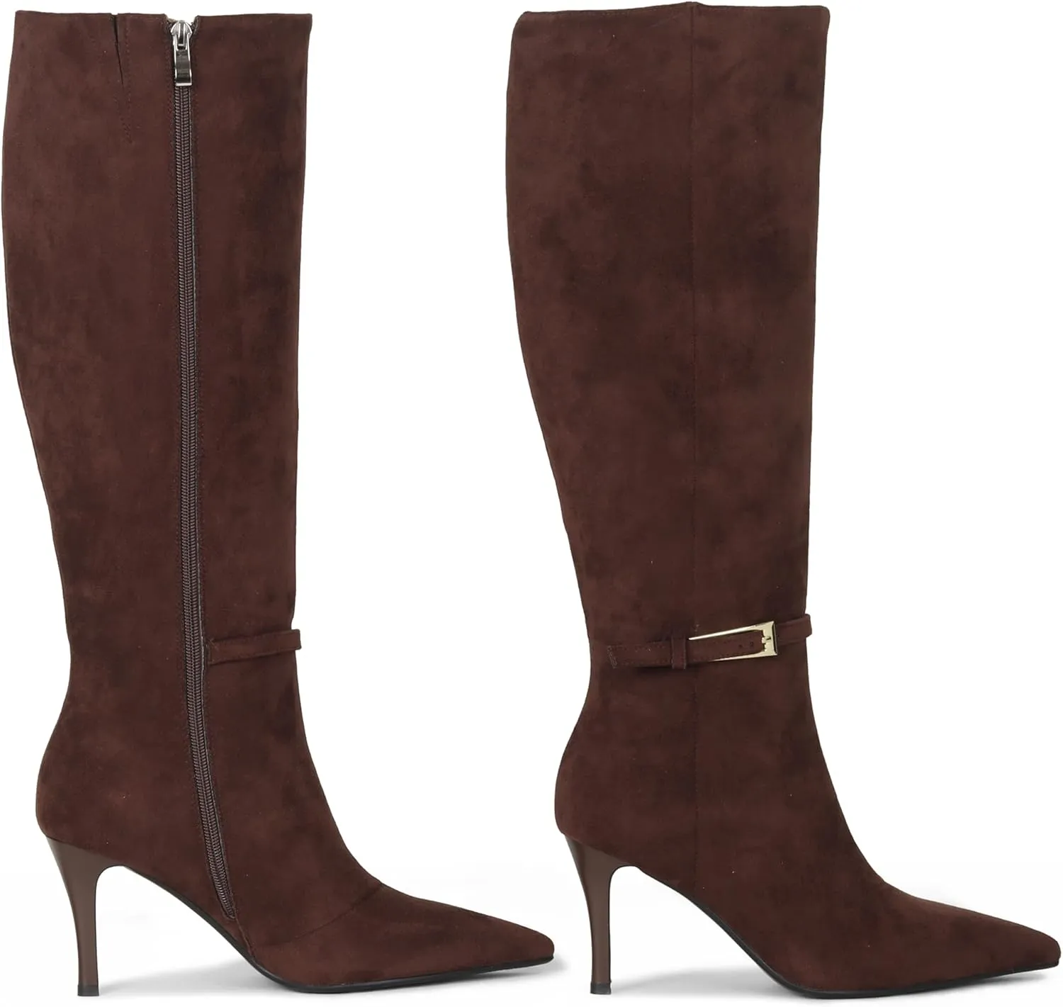 Knee High Boots Women Stiletto High Heel 3.3in, Side Zipper Pointed Toe Metal Buckle Tall Boots Dress Boots for Women, Comfortable Faux Leather Below the Knee Long Boots